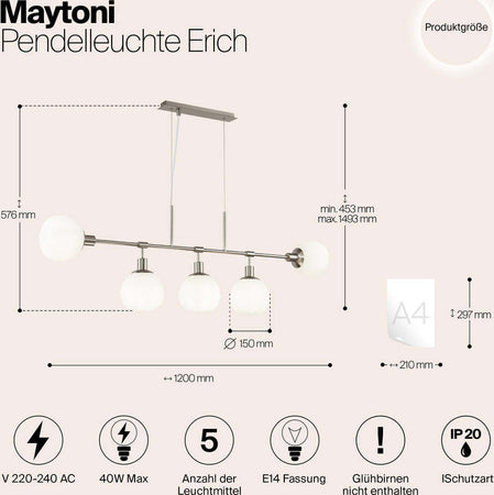 Lampadario-Sospensione-Erich-Metallo-Nichel-5-Luci-E-Diffusori-Bianchi