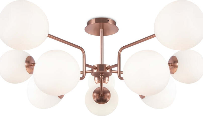 Lampadario-Sospensione-Erich-Metallo-Oro-Rosa-10-Luci-E-Diffusori-Bianchi
