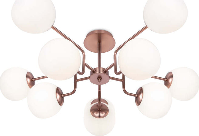 Lampadario-Sospensione-Erich-Metallo-Oro-Rosa-10-Luci-E-Diffusori-Bianchi