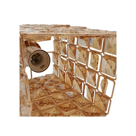 Lampadario Sospeso Cubo Cristalli Lampada Luce Attacco E27 Oro Quadrato 32309