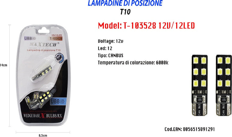 Lampadina Di Posizione T10 Maxtech T-103528 12v 12led Canbus 6000k Ultra Luminose Auto e Moto/Parti per auto/Luci lampadine e indicatori/Lampadine/Lampadine per esterno Trade Shop italia - Napoli, Commerciovirtuoso.it