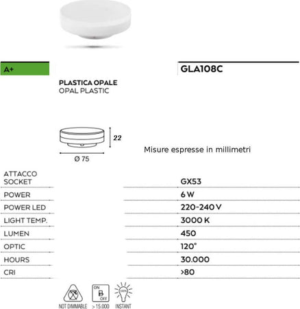 Lampadina-Gea-Led-GLA108C-GX53-6W-LED-450LM-luce-calda-attacco-baionetta