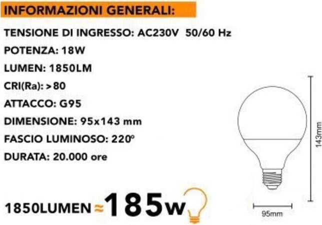 Lampadina-Led-18-W-Lampada-Globo-Sfera-Luce-Bianca-6500k-Attacco-E27-G95-Universo