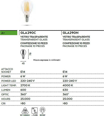 Lampadine-confezione-10-PZ-vetro-trasparente-Gea-Led-GLA290-6W-LED-E14-360°-2700°K-4000°K-goccia