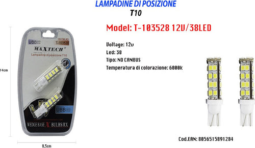Lampadine Di Posizione 12v 38led T10 Maxtech T-103528 Lampadine Ultra Luminose Auto e Moto/Parti per auto/Luci lampadine e indicatori/Blocchi illuminazione e componenti/Luci laterali Trade Shop italia - Napoli, Commerciovirtuoso.it