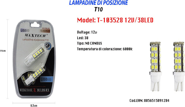 Lampadine Di Posizione 12v 38led T10 Maxtech T-103528 Lampadine Ultra Luminose Auto e Moto/Parti per auto/Luci lampadine e indicatori/Blocchi illuminazione e componenti/Luci laterali Trade Shop italia - Napoli, Commerciovirtuoso.it