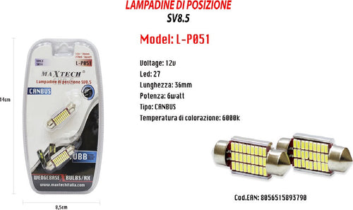 Lampadine Di Posizione Sv8.5 12v 27 Led 36 Mm 6 Watt Canbus 6000k Maxtech L-p051 Auto e Moto/Parti per auto/Luci lampadine e indicatori/Lampadine/Lampadine per esterno Trade Shop italia - Napoli, Commerciovirtuoso.it