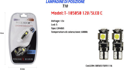 Lampadine Di Posizione T10 Maxtech T-105050 12v / 5led C Ultra Luminose Canbus Auto e Moto/Parti per auto/Luci lampadine e indicatori/Lampadine/Lampadine per esterno Trade Shop italia - Napoli, Commerciovirtuoso.it