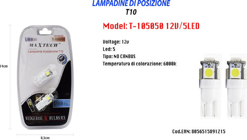 Lampadine Di Posizione T10 Maxtech T-105050 12v 5led Lampadine Ultra Luminose 6000k Auto e Moto/Parti per auto/Luci lampadine e indicatori/Lampadine/Lampadine per esterno Trade Shop italia - Napoli, Commerciovirtuoso.it