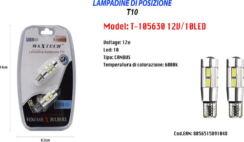 Lampadine Di Posizione T10 Maxtech T-105630 12v 10led Ultra Luminose Canbus 6000k Auto e Moto/Parti per auto/Luci lampadine e indicatori/Lampadine/Lampadine per esterno Trade Shop italia - Napoli, Commerciovirtuoso.it