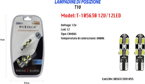 Lampadine Di Posizione T10 Maxtech T-105630 12v 12led Canbus 6000k Ultra Luminose Auto e Moto/Parti per auto/Luci lampadine e indicatori/Lampadine/Lampadine per esterno Trade Shop italia - Napoli, Commerciovirtuoso.it