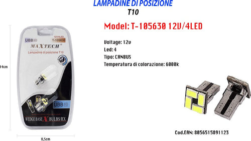 Lampadine Di Posizione T10 Maxtech T-105630 12v 4led Canbus 6000k Ultra Luminose Auto e Moto/Parti per auto/Luci lampadine e indicatori/Lampadine/Lampadine per esterno Trade Shop italia - Napoli, Commerciovirtuoso.it