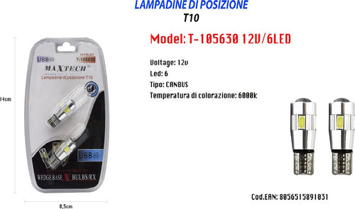 Lampadine Di Posizione T10 Maxtech T-105630 12v 6led Canbus Lampadine Ultra Luminose Auto e Moto/Parti per auto/Luci lampadine e indicatori/Lampadine/Lampadine per esterno Trade Shop italia - Napoli, Commerciovirtuoso.it