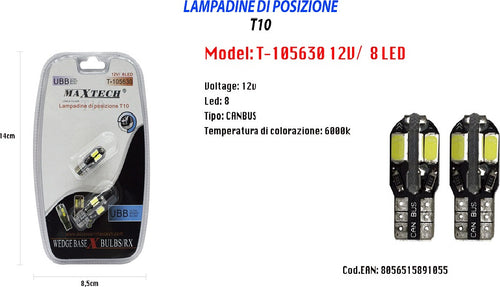 Lampadine Di Posizione T10 Maxtech T-105630 12v 8 Led Lampadine Ultra Luminose Auto e Moto/Parti per auto/Luci lampadine e indicatori/Lampadine/Lampadine per esterno Trade Shop italia - Napoli, Commerciovirtuoso.it