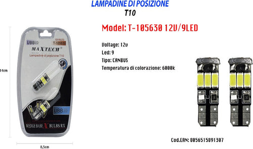 Lampadine Di Posizione T10 Maxtech T-105630 12v 9led Canbus Ultra Luminose 6000k Auto e Moto/Parti per auto/Luci lampadine e indicatori/Lampadine/Lampadine per esterno Trade Shop italia - Napoli, Commerciovirtuoso.it