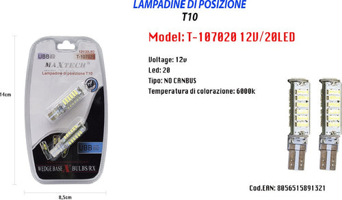 Lampadine Di Posizione T10 Maxtech T-107020 12v 20led 6000k Lampadine Ultra Luminose Auto e Moto/Parti per auto/Luci lampadine e indicatori/Lampadine/Lampadine per esterno Trade Shop italia - Napoli, Commerciovirtuoso.it