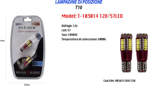 Lampadine Posizione Canbus T10 12v 57led 6000k Ultra Luminose Maxtech T-103014 Auto e Moto/Parti per auto/Luci lampadine e indicatori/Lampadine/Lampadine per esterno Auto e Moto/Parti per auto/Luci lampadine e indicatori/Lampadine/Lampadine per esterno Trade Shop italia - Napoli, Commerciovirtuoso.it