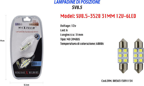 Lampadine Posizione Maxtech Sv8.5-3528 31mm 12v 6led Lampadine Ultra Luminose 6000k Auto e Moto/Parti per auto/Luci lampadine e indicatori/Lampadine/Lampadine per esterno Auto e Moto/Parti per auto/Luci lampadine e indicatori/Lampadine/Lampadine per esterno Trade Shop italia - Napoli, Commerciovirtuoso.it