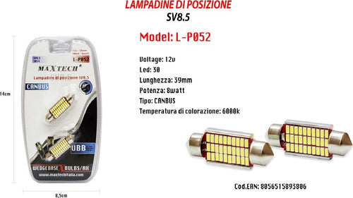 Lampadine Posizione Sv8.5 12v 30led 39mm 8w Maxtech L-p052 Ultra Luminose Canbus Auto e Moto/Parti per auto/Luci lampadine e indicatori/Lampadine/Lampadine per esterno Auto e Moto/Parti per auto/Luci lampadine e indicatori/Lampadine/Lampadine per esterno Trade Shop italia - Napoli, Commerciovirtuoso.it