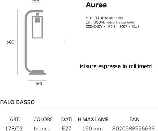 Lampioncino-esterno-moderno-Sovil-AUREA-178-02-BIANCO-E27-LED-alluminio-vetro-lampada-terra