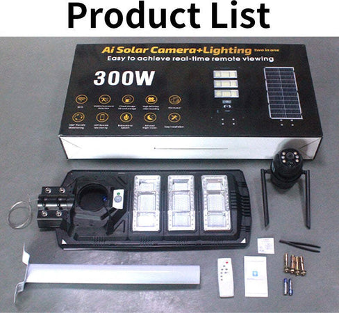 Lampione-solare-integrato-300W-COMPLETO-ALL-IN-ONE-con-telecamera-HD-4G-PTZ-Ai-4mp-V380-Pro