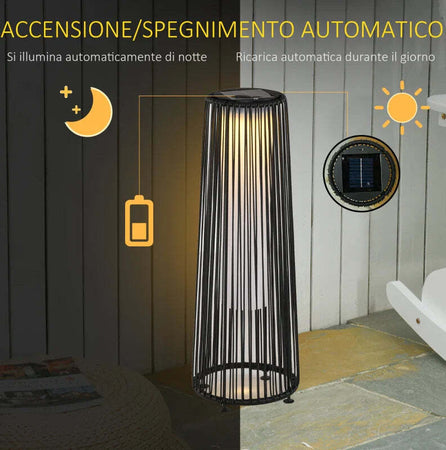 Lanterna-Solare-da-Giardino-LED-con-Pannello-di-Ricarica-in-Rattan-e-Metallo-,-Ø21.5x61cm,-Nero-XN5866-066BKXN5