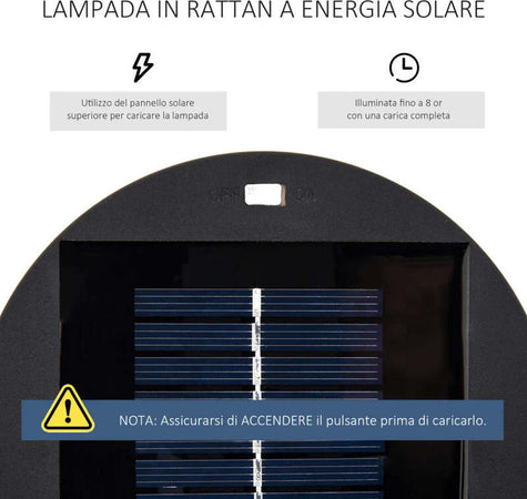 Lanterna-Solare-da-Giardino-LED-con-Pannello-di-Ricarica-in-Rattan-e-Metallo-,-Ø21.5x61cm,-Nero-XN5866-066BKXN5