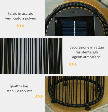 Lanterna-Solare-da-Giardino-LED-con-Pannello-di-Ricarica-in-Rattan-e-Metallo-,-Ø21.5x61cm,-Nero-XN5866-066BKXN5