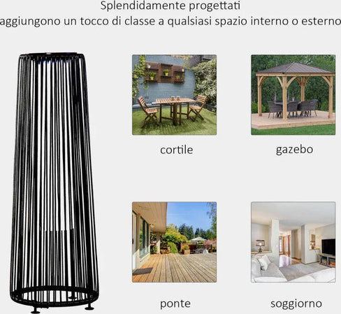 Lanterna-Solare-da-Giardino-LED-con-Pannello-di-Ricarica-in-Rattan-e-Metallo-,-Ø21.5x61cm,-Nero-XN5866-066BKXN5