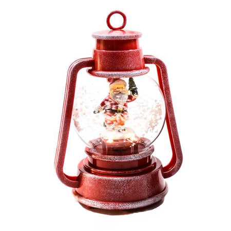 Lanterna natalizia rossa innevata con luci e musica per decorazioni natalizie