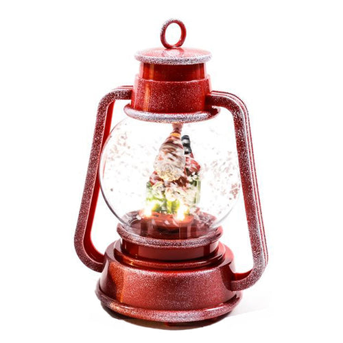 Lanterna natalizia rossa innevata con luci e musica per decorazioni natalizie