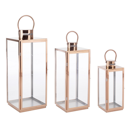 Set 3 Lanterne decorative "Alban" in acciaio inossidabile e vetro, color rame