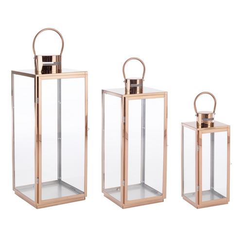 Set 3 Lanterne decorative Alban in acciaio inossidabile e vetro, color rame