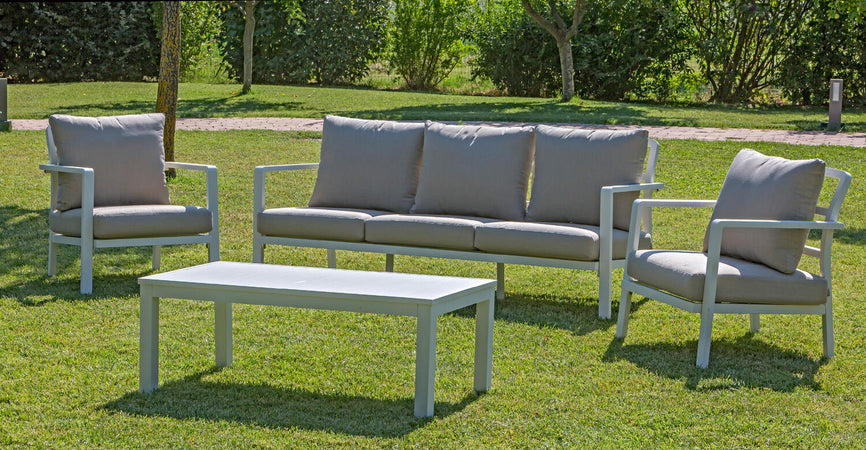 Salotto con cuscini ''Flores Maxi'' in alluminio verniciato da giardino e veranda
