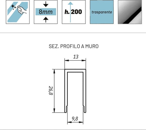 Lato-fisso-per-Box-Doccia-Gemma-Cristallo-8-millimetri-Profilo-Chrome-Lucido