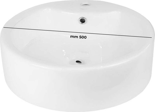Lavabo-Da-Appoggio-Ceramica-Bianco-Tondo-Lavandino-Arredo-Bagno-49x49x15,5-Cm
