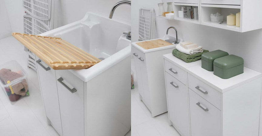 Lavatoio-Colavene-Domestica-50x50-Bianco-Con-Tavola-Lavapanni-In-Legno