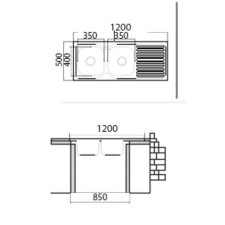 Lavello appoggio 50 series 120x50 cm 2 vasche SA127 destro