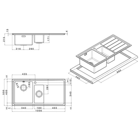 Lavello SAXT332 100x50 cm 1 vasca con vaschetta e gocciolatoio sinistro