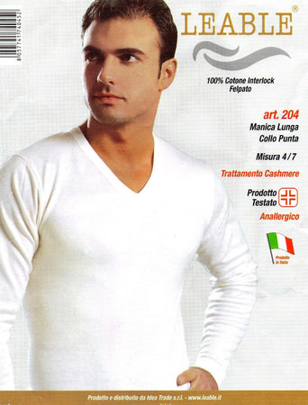 Leable Maglia intima uomo manica lunga in cotone Interlok con collo a punta Bianco/Nero Art.204/348 (3 Pezzi)