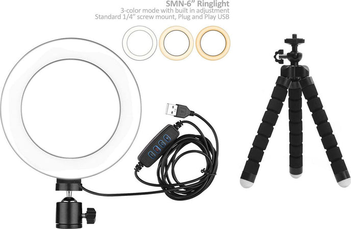 LED Ring light 15 cm diametro SMN-6 3 Colori Dimmerabile con Mini Tripod Flessibile
