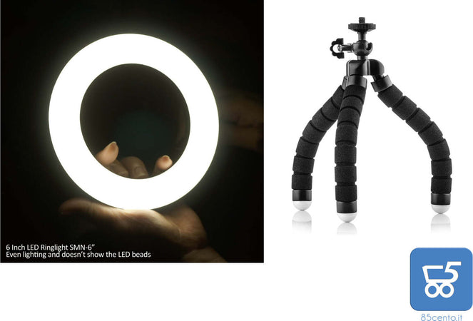 LED Ring light 15 cm diametro SMN-6 3 Colori Dimmerabile con Mini Tripod Flessibile