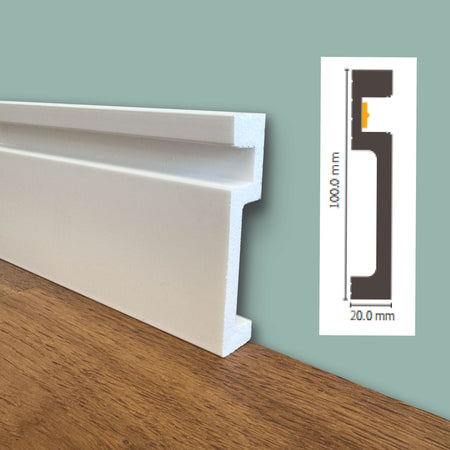 100ml di Battiscopa Quadro predisposizione LED in POLIMERI linea BASICBOARD  100x20mm - BIANCO pitturabile