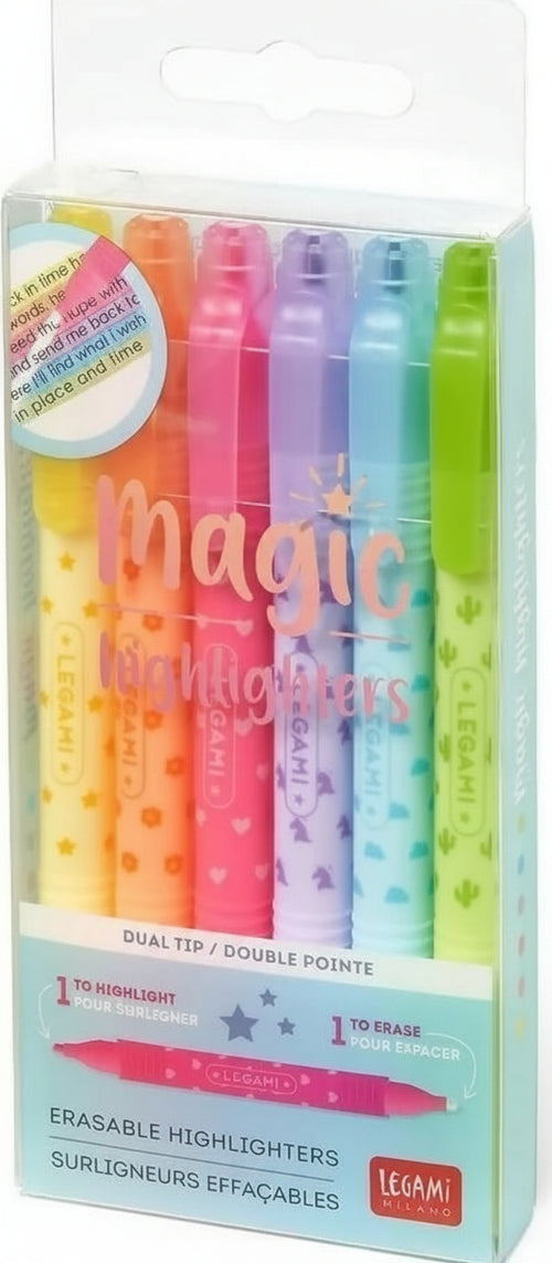 Legami - Set Di 6 Evidenziatori Cancellabili, Magic Highlighters, Doppia Punta Per Evidenziare E Cancellare, Per Tratti Fini E Spessi, In Giallo, Arancione, Rosso, Viola, Azzurro, Verde Cancelleria e prodotti per ufficio/Penne matite scrittura e correzione/Marcatori ed evidenziatori/Evidenziatori Cartoleria Deja Vu - Crotone, Commerciovirtuoso.it