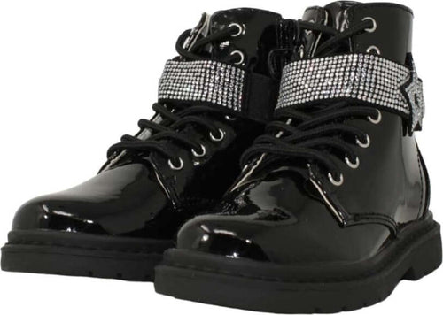 Lelli-Kelly-Mille-Stelle-Stivaletti-Bambina-Neri-Stelle-Argento-Anfibi-Bimba-Con-Lacci
