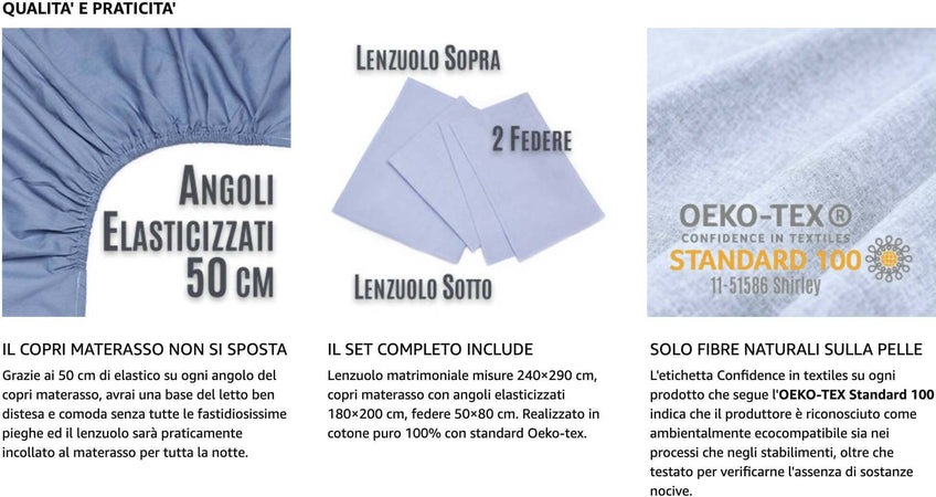 Lenzuola Matrimoniali Cotone 100% Completo Letto Tinta Unita Lenzuolo Matrimoniale 240×290 Cm Copri Materasso Con Angoli Elasticizzati 180×200 Cm Federe 50×80cm 2 Pz. Oeako Tex Salvi Fabrics Casa e cucina/Tessili per la casa/Biancheria da letto/Lenzuola e federe/Set di lenzuola e federe Salvi Fabrics - Casorate Sempione, Commerciovirtuoso.it