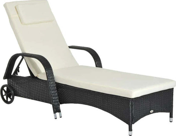 Lettino-Prendisole-da-Giardino-con-Ruote,-Sedia-a-Sdraio-per-Spiaggia-con-Altezza-Regolabile-in-Rattan,-Nero-e-Crema,-200x73x103cm--862-005BK