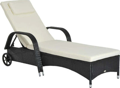 Lettino-Prendisole-da-Giardino-con-Ruote,-Sedia-a-Sdraio-per-Spiaggia-con-Altezza-Regolabile-in-Rattan,-Nero-e-Crema,-200x73x103cm--862-005BK