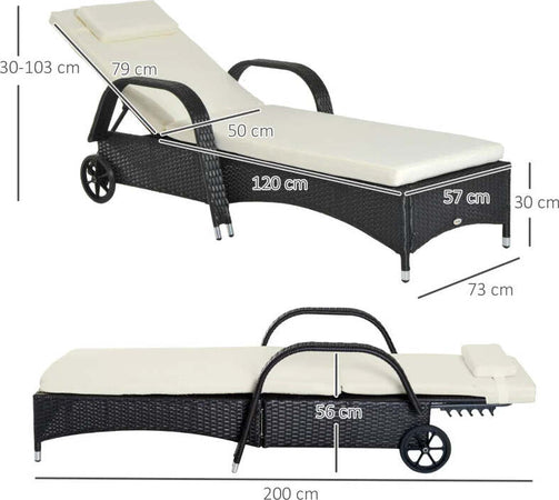 Lettino-Prendisole-da-Giardino-con-Ruote,-Sedia-a-Sdraio-per-Spiaggia-con-Altezza-Regolabile-in-Rattan,-Nero-e-Crema,-200x73x103cm--862-005BK