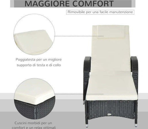 Lettino-Prendisole-da-Giardino-con-Ruote,-Sedia-a-Sdraio-per-Spiaggia-con-Altezza-Regolabile-in-Rattan,-Nero-e-Crema,-200x73x103cm--862-005BK